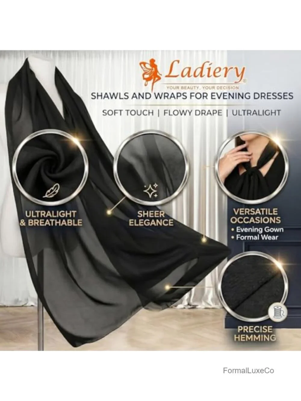 Elegant Chiffon Shawl Wrap for Evening Dresses Wedding Bride